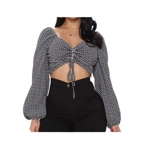 Juniper Blue Cropped Puff-Sleeve Blouse Black White Textured Knit M